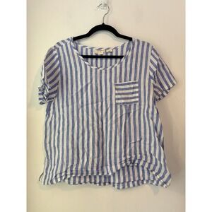 Christian Siriano 100% Linen Blouse Short Sleeve Blue White Stripe Medium Loose